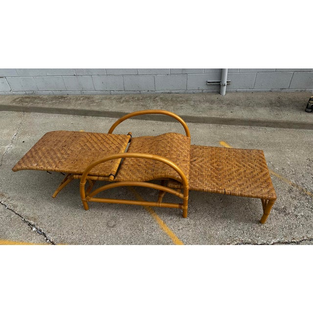 1960s Vintage Reclining Rattan Bamboo Chaise Lounge With Footrest For Sale - Image 5 of 12