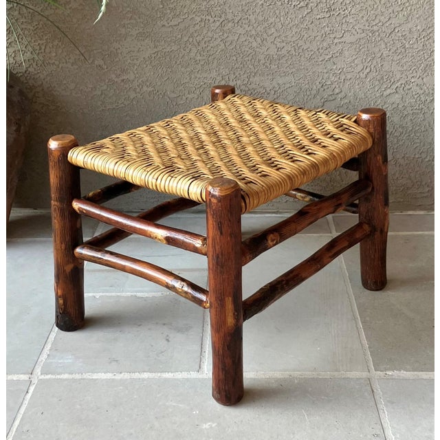 Cabin Rustic Chic Mid 20th-Century Hickory Wood & Handwoven Double Twill Plaited Cane Bench For Sale - Image 3 of 18
