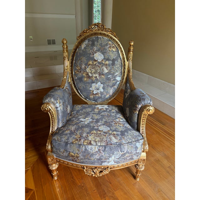 Italian 1990s Vintage Pair of Asnaghi Fauteuil Giltwood Carved Armchairs With Silk Floral Upholstery For Sale - Image 3 of 11
