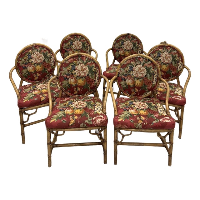 6 McGuire Attributed Lattice Dining Chairs in Reupholstered Palm Beach Regency Style. Has Chippendale Fret Work. Quality Leather Bindings. For Sale