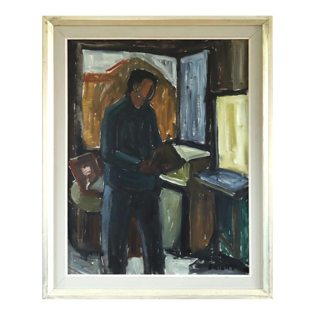Mid-Century Modern 'A Moment to Read' Swedish Expressive Interior Oil Painting, Framed For Sale