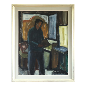 Mid-Century Modern 'A Moment to Read' Swedish Expressive Interior Oil Painting, Framed