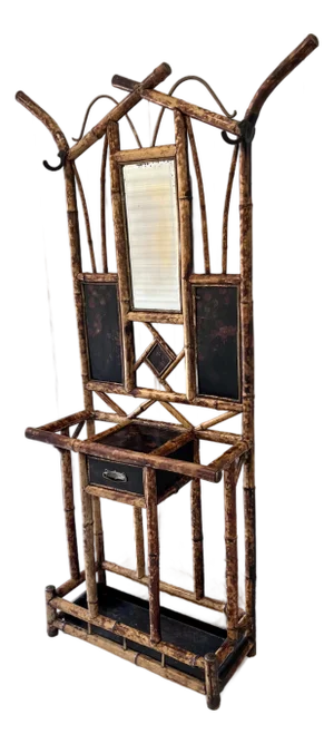 Antique Late 1800s English Scorched Bamboo Chinoiserie Hall Tree