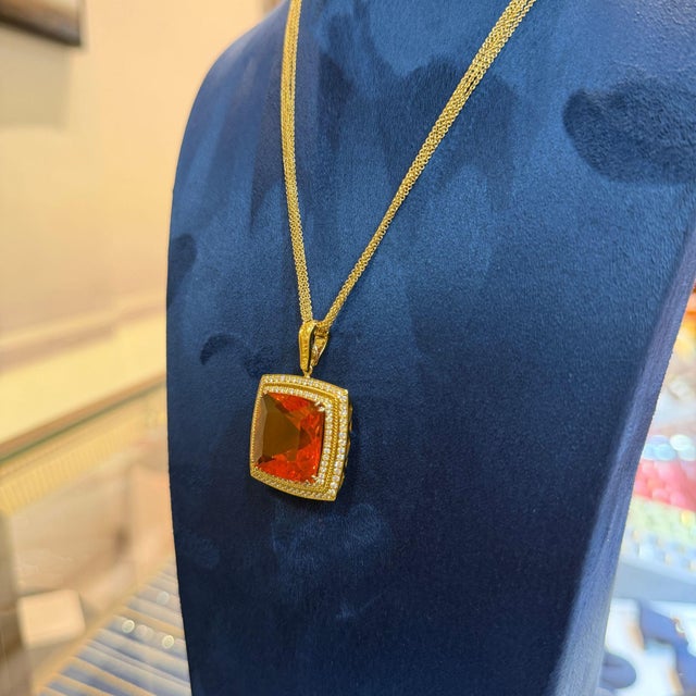 Gia Certified 20.61 Carat Orange Opal 18k Gold Diamond Pendant Necklace For Sale - Image 9 of 12