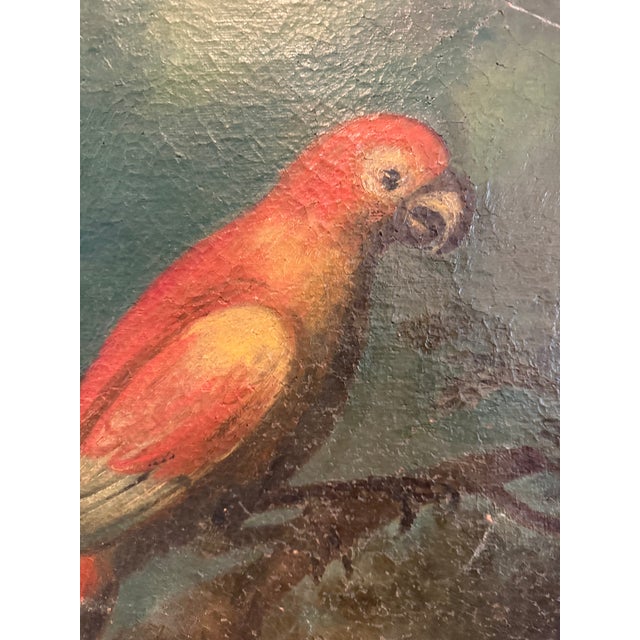 Traditional Antique European Still Life of Parrot With Flowers, Oval Panel Painting For Sale - Image 3 of 7