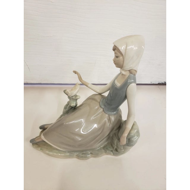 Traditional Vintage Lladro Shepardess Girl Sitting With Dove Porcelain Figurine For Sale - Image 3 of 9