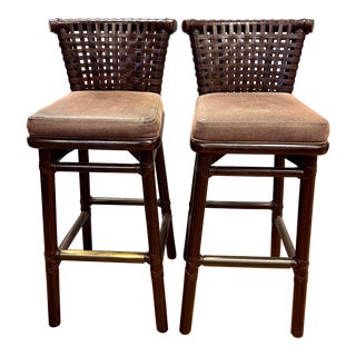 Pair of McGuire Brown Woven Leather Barstools For Sale