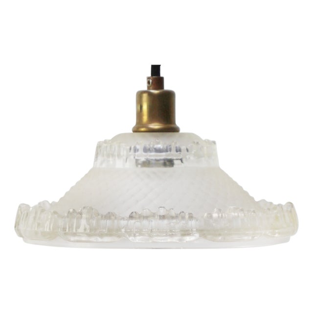 Art Deco French Brass and Etched Clear Glass Pendant Light, 1920s For Sale