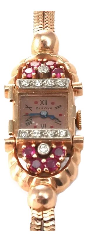 Retro Bulova 14k Rose Gold Diamond & Ruby Hand Wind Ladies Wrist Watch