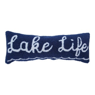 Vintage Hooked Wool Lumbar Pillow "Lake Life" For Sale