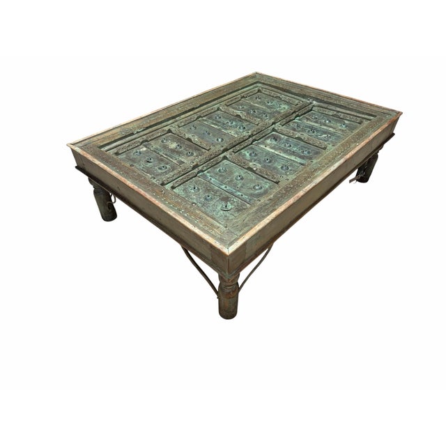 Antique 19th-Century Indian Teak Door & Iron Studded Coffee Table With Glass Top For Sale - Image 4 of 10