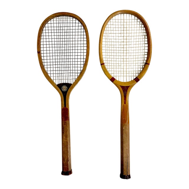 1905 Antique Americana Boho Chic Wood Tennis Rackets Home Accents - A Pair. For Sale