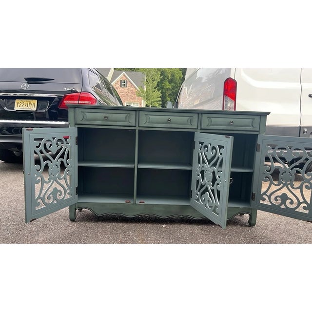 Traditional Vintage Style Teal 3-Door Scrollwork Accent Credenza & Sideboard For Sale - Image 3 of 7