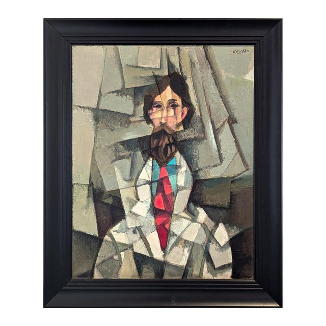 David Adickes Modern Cubist Inspired Male Portrait Painting of a Bearded Man with a Red Tie, 1990s For Sale - Image 4 of 11
