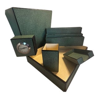 Circa 2000 Dransfield & Ross Faux Shagreen Leather Classic Desk Set in Forest Green- 6 Pieces For Sale