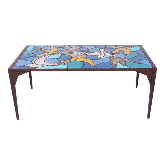 Vintage Metal Coffee Table in Ceramic Mosaic with Bird Motif, 1970s For Sale