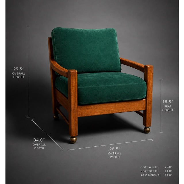 Vintage Solid Wood Lounge Chairs – Set of Four With Emerald Green Velvet Cushions & Original Casters For Sale - Image 4 of 4