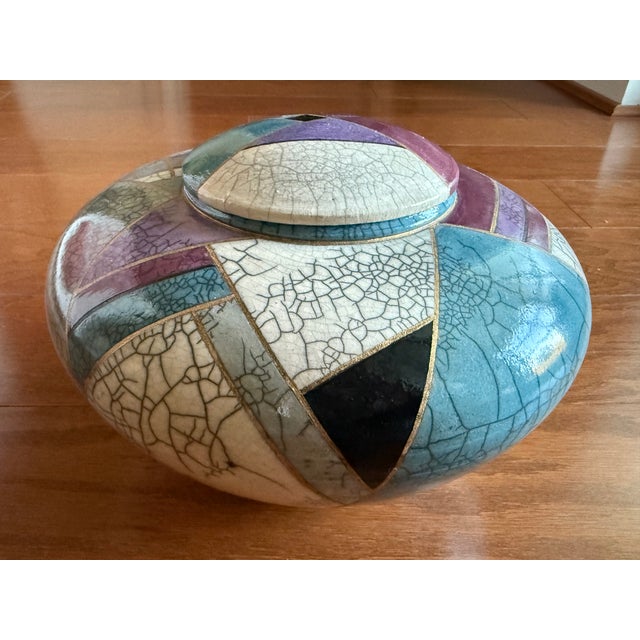 1998 Postmodern Mindy Brunn Handmade Geometric Signed and Dated Raku Ceramic 10" Centerpiece Lidded Vessel / Art Pottery For Sale - Image 16 of 18