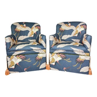 Custom Upholstered Arm Chairs with Blue Heron Print & Tassels For Sale