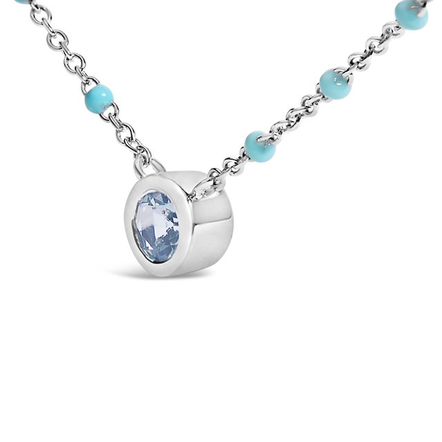 Haus of Brilliance Sterling Silver Bezel Set Light Blue Aquamarine and Enamel Bead Chain Necklace For Sale - Image 4 of 5