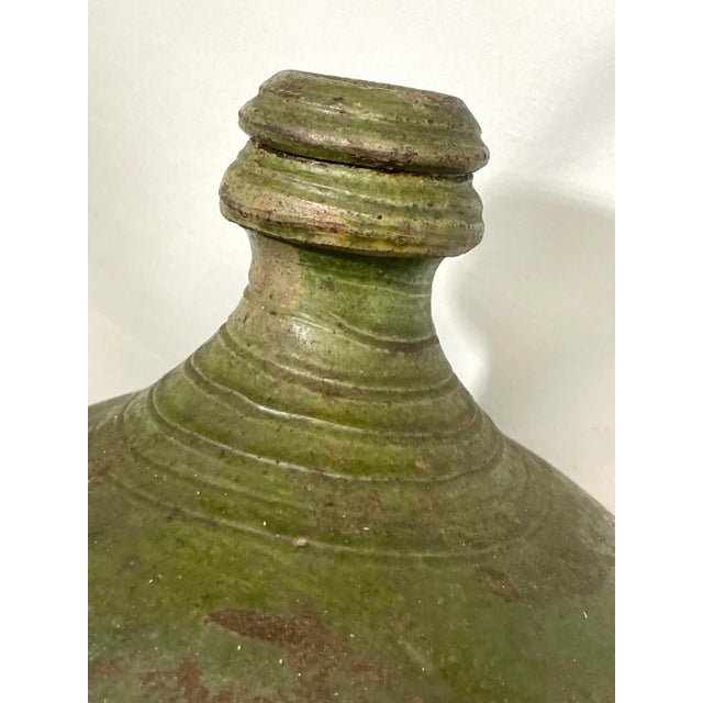 19th Century Antique Rustic Portuguese Earthenware Bottle Vase Green Jug Ceramic