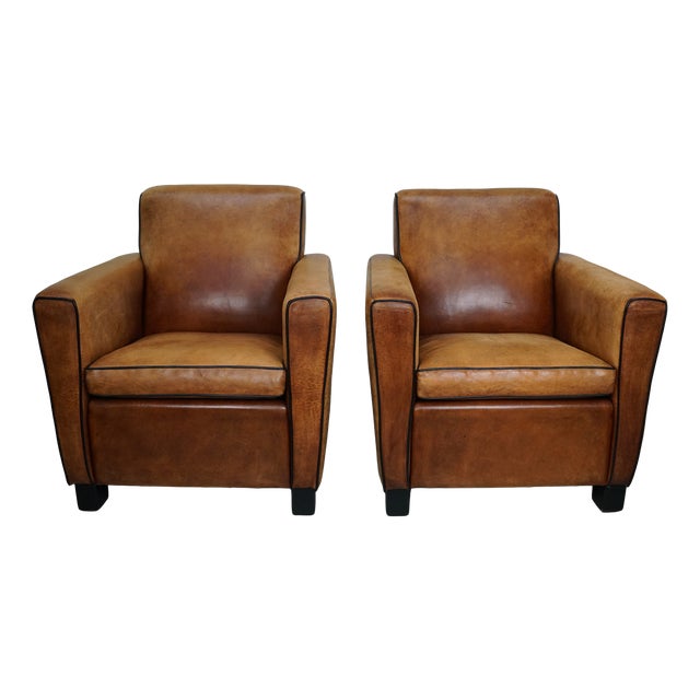 Vintage Dutch Cognac Leather Club Chairs, 1970s, Set of 2 For Sale