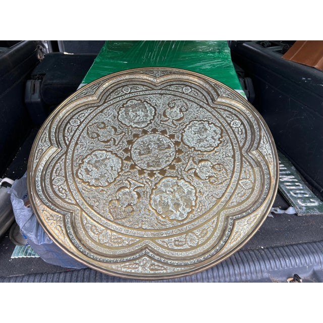 Metal Antique Brass Tray With Intricate Etchings For Sale - Image 7 of 8