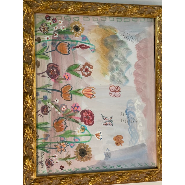 Contemporary 1970s Contemporary Mixed Media Naive Floral Painting Gold Frame For Sale - Image 3 of 3