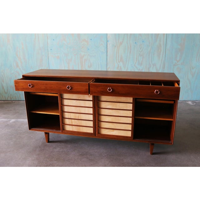Edward Wormley 1950s Edward Wormley for Dunbar Janus Cabinet Walnut Copper 71" For Sale - Image 4 of 11