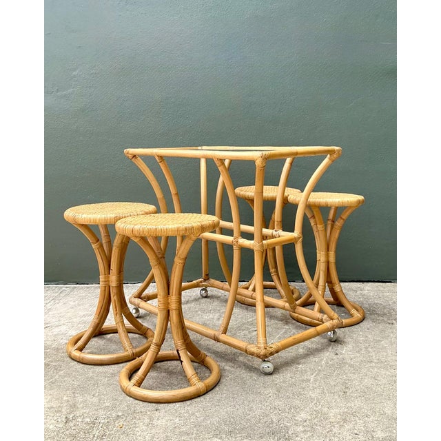 Vintage Rattan High Top Table With Coordinating Stools - Set of 5 For Sale - Image 14 of 17