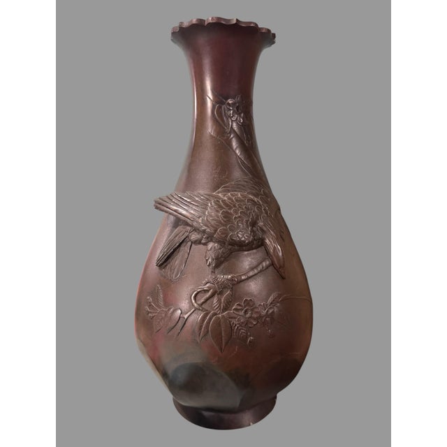 17" Antique Oriental Bronze Vase With Embossed Eagle on Branch For Sale - Image 11 of 11