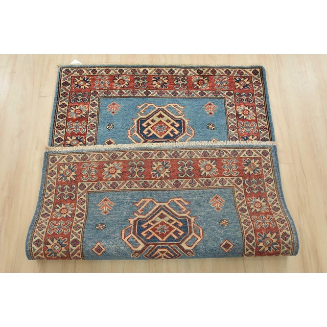 Kazak Rug 3’2” X 4’8” Blue Wool Tribal Hand-Knotted Oriental Carpet For Sale - Image 12 of 13