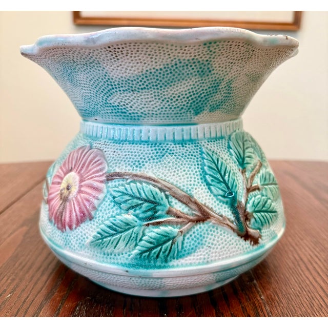 Antique Majolica Ceramic Cuspidor Planter Cachepot With Floral Motifs For Sale - Image 9 of 12