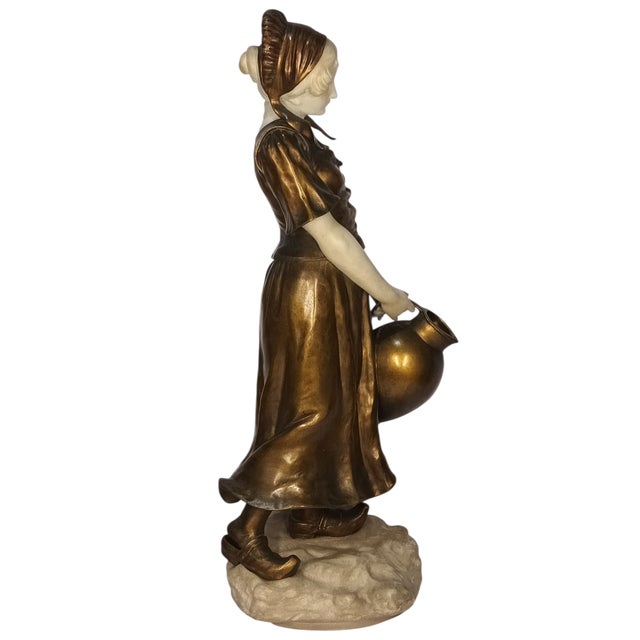 Large Art Deco Bronze and Carved Marble Sculpture of a Water Carrier by Dominique Alonzo (58 Cm) For Sale - Image 12 of 12