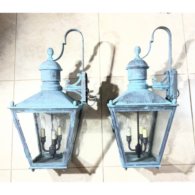 Large Pair of Vintage Solid Brass Wall Lanterns - 12”x 12”x 24” For Sale In Miami - Image 6 of 15