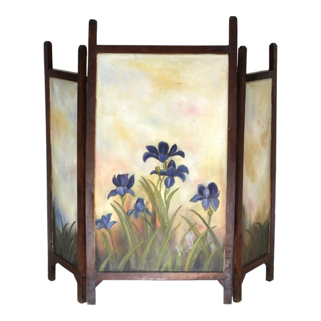 Vintage 3 Panel Divider Fireplace Screen Handpainted Irises For Sale