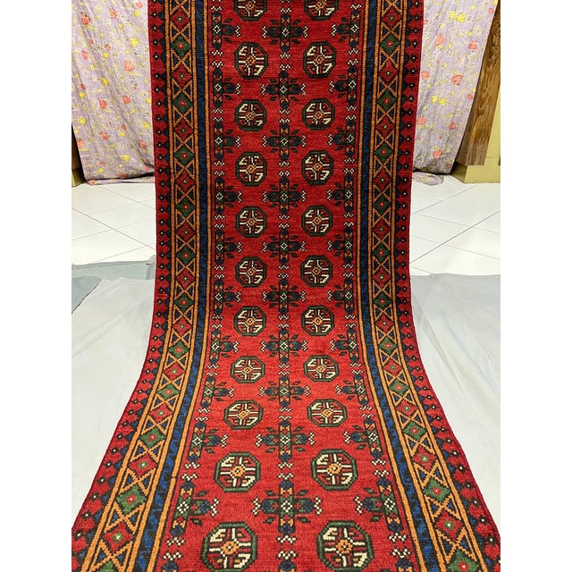 Extra-Long Red Turkmen-Style Geometric Wool Runner Rug, 2'7" X 19'3" For Sale - Image 4 of 12