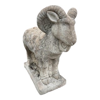 Vintage Stylized Cast Stone Ram Garden Statue For Sale
