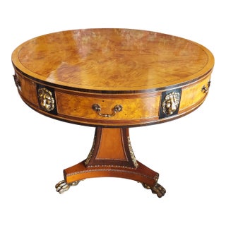 1920's Joseph Gerte Parcel Gilt Mahogany & Burlwood Drum Table For Sale