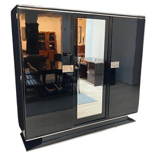 Art Deco Wardrobe Armoire in Black Lacquer, Mahogany, Chrome, France, 1930s For Sale