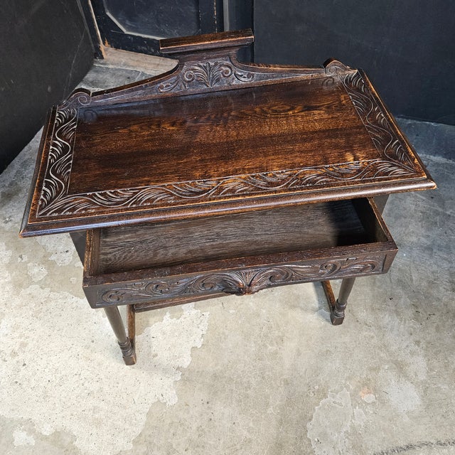 Wood Late 19th Century English Oak Carved Table With Turned Legs and Stretcher Base For Sale - Image 7 of 14