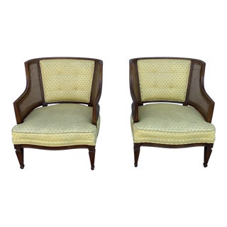 1950s Hibriten French Bergere Walnut Cane Yellow Upholstered Club Chairs - a Pair For Sale