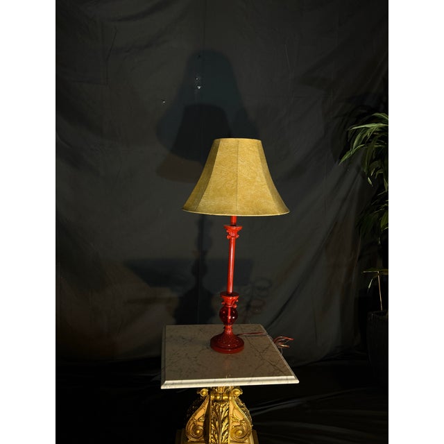 Vintage Style Red Table Lamp With Beige Fabric Shade For Sale - Image 10 of 10