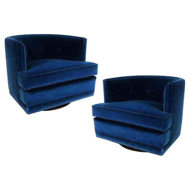 Wood Mid-Century Modern Luxurious Blue Velvet Swivel Lounge Chairs - A Pair For Sale - Image 7 of 7