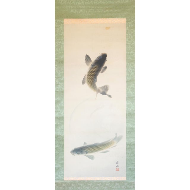 Beautiful large Japanese silk scroll painting "Leaping Carp" (Koi Fish). Signed and sealed by artist. Very detailed. This...