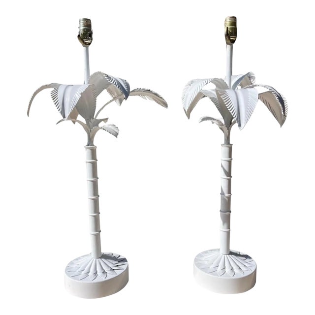 Vintage Tole Painted Metal Palm Tree Form Table Lamps, a Pair For Sale