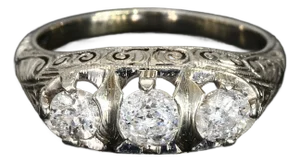 Antique 19k White Gold Three Stone Diamond Ring & Filigree Designs - Size 7.25