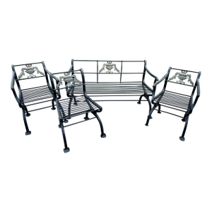 Mid 19th Century Neoclassical Iron Garden Furniture Set Bench & 3 Chairs After Karl Friedrich Schinkel