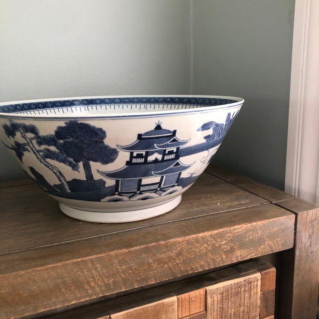 Chinoiserie Large Vintage Chinoiserie Blue and White Bowls a Pair For Sale - Image 3 of 12