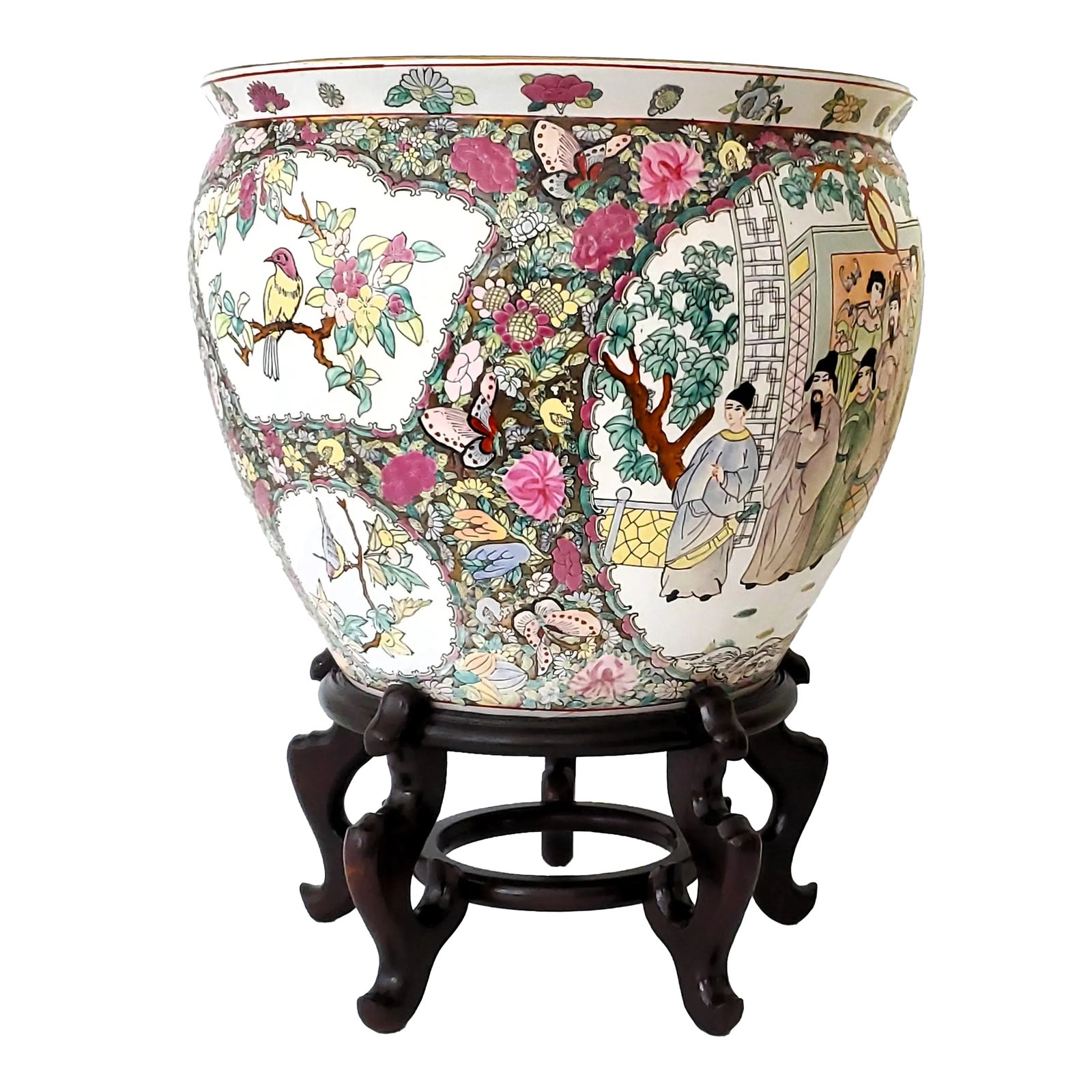 Large Mid 20th Century Rose Medallion Chinese Porcelain Goldfish Bowl